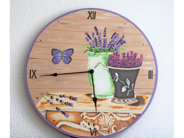 Ceas de lemn pictat manual LAVANDA - diametru 60cm